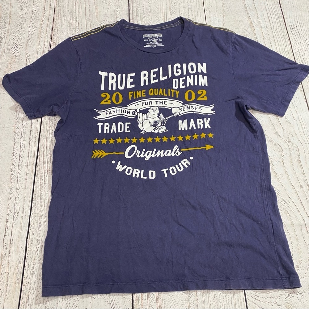True Religion Navy Short Sleeve Logo Tee with White and Gold Print